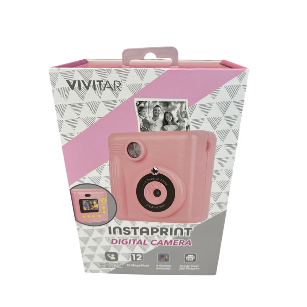 Vivitar Instaprint Digital Camera Pink Compact 4 Games 12mp USB-C Strap Included